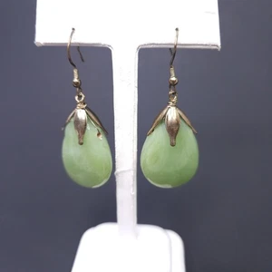 Vintage Gold Tone Cap Natural Jade Long Heavy Dangling Earrings - Picture 1 of 6