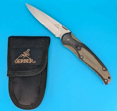 Gerber Presto 3.5 - Discontinued - Black & Green Combo Edge Knife! With Sheath! - Image 1 of 4