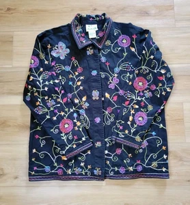 The Quacker Factory Floral Butterfly Embroidered Beaded Button Jacket Women  L  - Picture 1 of 17