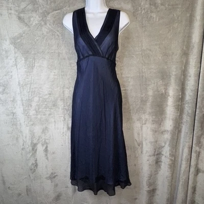 Vtg Express Silk Baby Doll Midi Blue Dress Black Sheer Overlay Y2K Grunge M/L? - Image 1 of 4