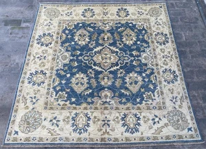 6x6 Blue Beige Turkmen Square Area Rug Afghan Hand Knotted Wool Ziegler Carpet - Picture 1 of 13