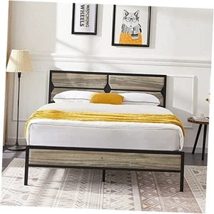 Queen Bed Frame with Wooden Headboard & Footboard, Metal Platform Queen Size - Picture 1 of 8