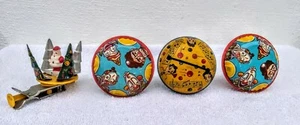 Vintage - 3 Tin Noise Makers - 1 Vintage Tin & Plastic Spinner Toy-Santa in Tree - Picture 1 of 8