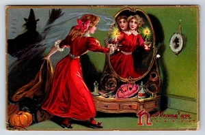 Tucks Halloween Postcard #150 Midnight Mirror Witch Black Cat Pumpkin - Picture 1 of 2