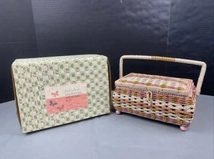 Vintage Pink Gold Wicker Wood Sewing Basket Music Box Kit Tomato Pincushion NEW - Picture 1 of 17