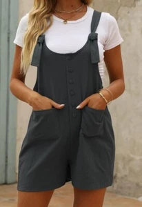 Women's Black Casual Summer Cotton Linen Overalls Romper XL-DarkGrey - Picture 1 of 6
