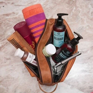 Leather Toiletry Bag Unisex Genuine Buffalo Vintage Cosmetic Makeup New Dopp Kit - Picture 1 of 8