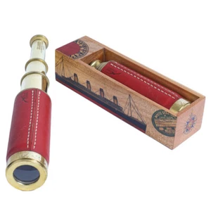 Pirate Spyglass Brass 15" Red Leather Handheld Draw Telescope Nautical Cedar Box - Picture 1 of 6