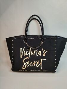Victoria's Secret Angel City Tote Bag Black w/Gold Accents Beach Bag Weekend Bag
