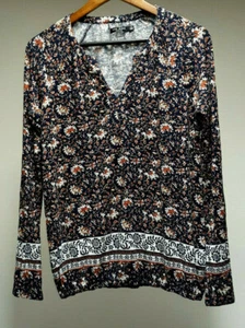 MAX JEANS Navy Orange White Floral RAYON Blend Women SZ Small S Long Sleeve Top - Picture 1 of 2
