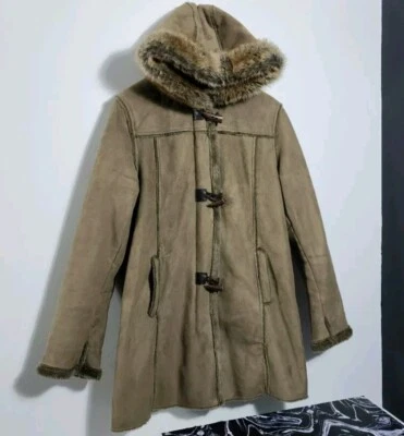 Vntg Chadwick's Large Tan Sherpa Lined Shearling Hooded Toggle Long Coat Womens  - Image 1 of 4