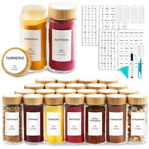 Glass Spice Jars with 398 Labels-4oz 24 Pcs,Round Seasoning Jars with Bamboo - Picture 1 of 7