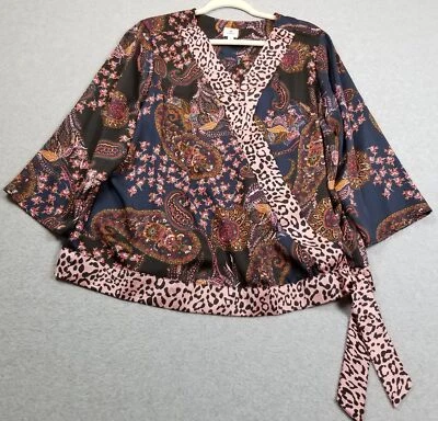 Dressbarn Top 女式 1X Plus 佩斯利豹纹 3⁄4 袖衬衫 V 领波西米亚 — 第 1/4 张图片