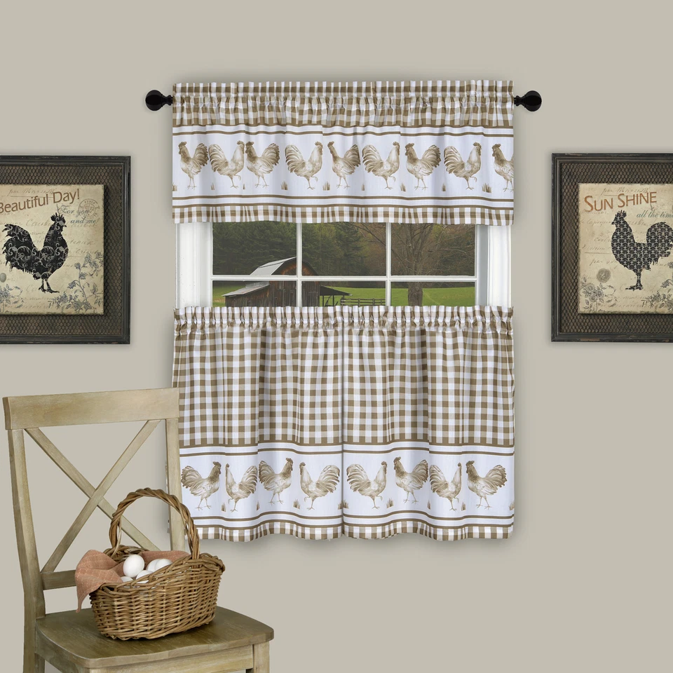 3PC Kitchen Curtain Set, Check Gingham Plaid Rooster, Tier Panels and Valance - Image 1 of 1