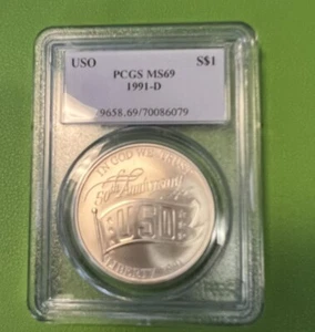 PCGS MS69 1991-D USO Commemorative $1 Silver Dollar - Picture 1 of 12