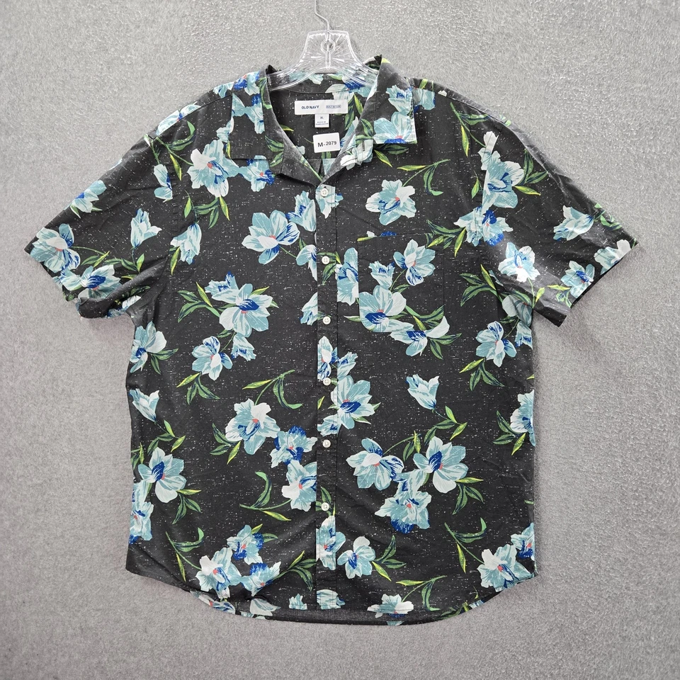 Old Navy Men Button Up Shirt XL Black Floral Hawaiian Short Sleeve Built In Flex - Image 1 of 4