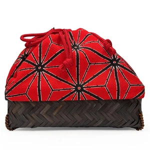 Vintage japanische Kinchaku Kordelzug Takekago Tasche Bambus Korb rot Viskose Chrimen - Bild 1 von 4