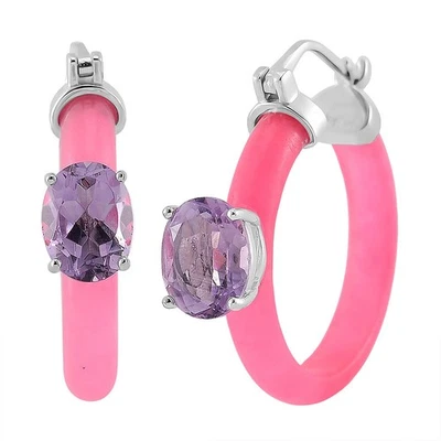 ПОТРЯСАЮЩИЙ!!  Серьги-кольца из розового нефрита и розы 22,10 карата с родиевым покрытием - Изображение 1 из 4