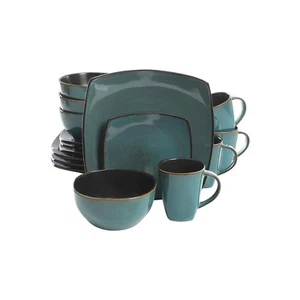 Teal Stoneware Dinnerware Set for 4 16 Pieces Modern Reactive Glaze Design - Picture 1 of 6
