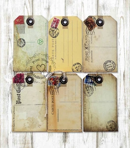 Hang Tags PRIMITIVE GRUNGY STYLE POSTCARDS MIXED TAGS #T 16 Gift Tags - Picture 1 of 4