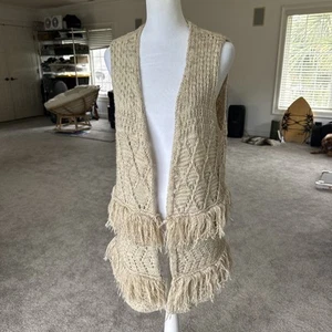Umgee Boho Macramé Crochet Bohemian Hippie Fringe Duster Long Vest Tan Size M - Picture 1 of 7