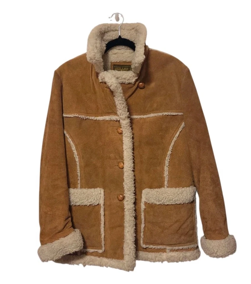 Abrigo de mujer vintage Miller Stockman cuero de vaca gamuza Sherpa Western 16 XL Foto 1 de 4