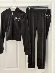 Neu mit Etikett Juicy Couture Velours Glitzer Trainingsanzug KLEIN Hoodie & Hose mit Bündchen Set schwarz - Bild 1 von 5