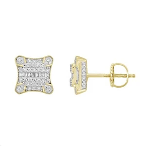 Ladies Earring 0.25ct Round Baguette Natural Diamond 10k Yellow Gold - Picture 1 of 1