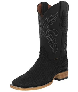 Mens Western Cowboy Boots Black Leather Woven Square Toe Botas Hombre Tejidas - Picture 1 of 5