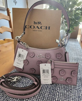 Coach Teri Mini Crossbody Bag Floral Applique CAJ98 Silver/Lilac & ID Case CAT65 - Image 1 of 4