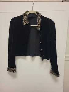 Ronni Nicole Petite Black Velvet Jacket Leopard Trim Size 8P Womenswear - Picture 1 of 6