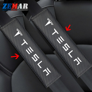 2 Pcs Black Carbon Fiber Car Seat Belt Cover Shoulder Strap Pads Tesla Cars Embroidered Logo Safety Belt Shoulder Cushions Protective Sleeves Seat Belt Covers for Tesla 