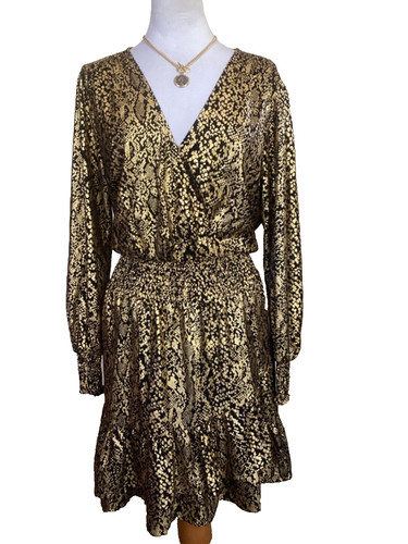 ABITO DA COCKTAIL MICHAEL KORS NERO E ORO LAMINA METALLICA STAMPA SERPENTE RUFFLE TAGLIA XL