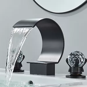 Matte Black 3 Holes Sink Faucet Waterfall Bathroom Basin Vanity Mixer 2 Handle - Picture 1 of 13