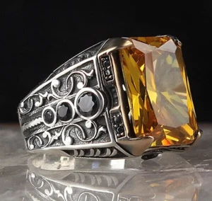 925 Sterling Silver Men's Ring Turkish Handmade Natural Stone Citrine Stone - Picture 1 of 1
