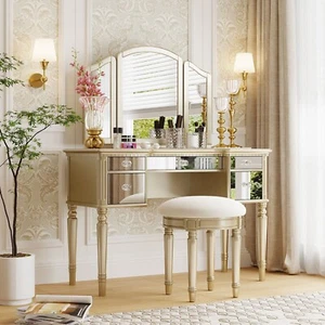 GO 43" Dressing Table Set with Mirrored Drawers, Stool & Tri-fold Mirror - Picture 1 of 12