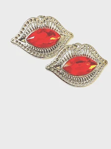 Red Silver Tone Earrings Smooch Shiny Lips Tongue French Kiss Lipstick Color HTF - Picture 1 of 6