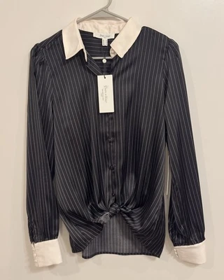 全新带标签 Haver Blair London 女式 M 黑色白色条纹纽扣衬衫领带 Y2K — 第 1/4 张图片
