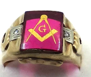 Vintage 10k Yellow Gold Men's Freemason Masonic Ring WITH TWO DIAMONDS Size 11 - Picture 1 of 9