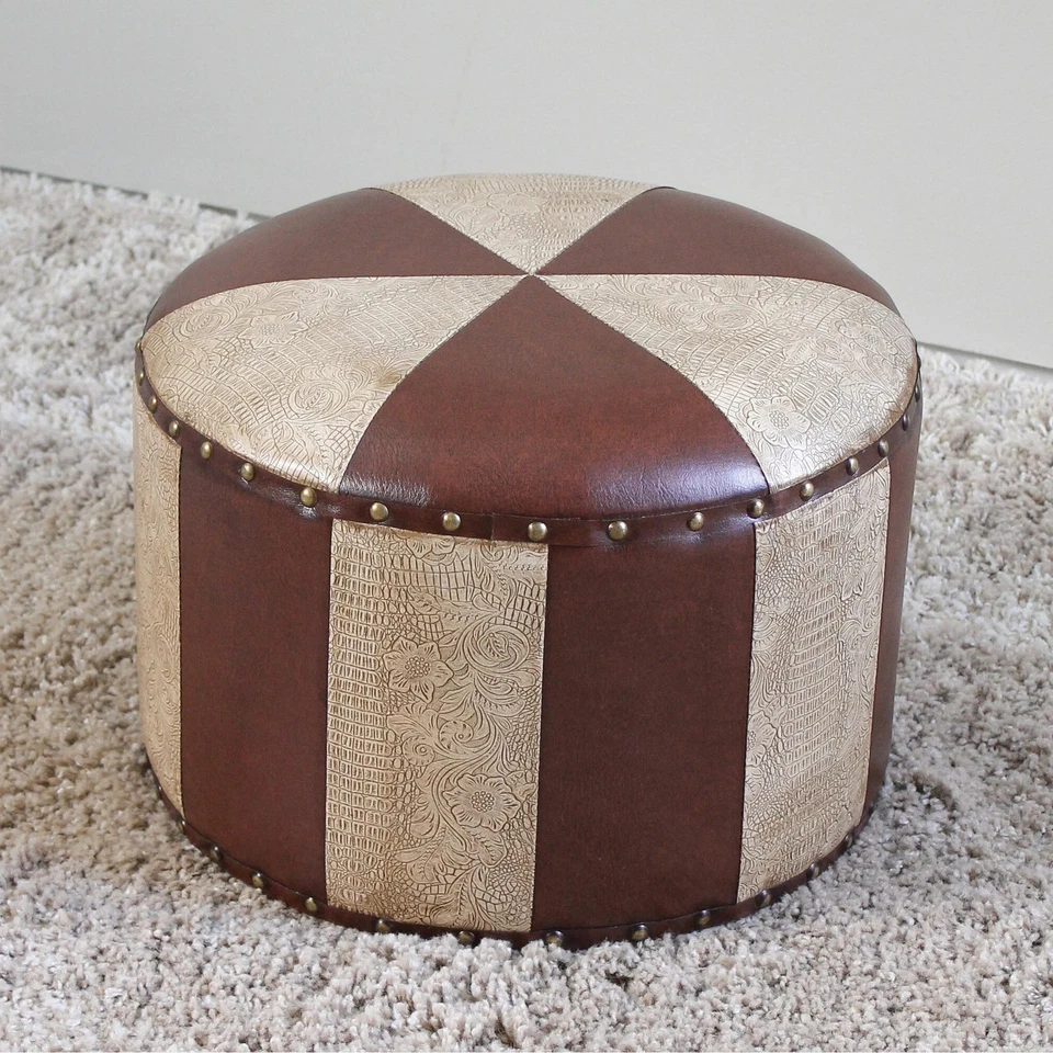 International Caravan Carmel Round Ottoman Stool Mixed Patchwork Small - Image 1 of 4