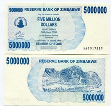 Zimbabwe 5 000 000 Dollars 2008 P54 Bearer Check UNC Inflation Currency