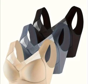 3pcs Simple Solid Contrast Mesh Bra, 34D-38B Wireless Bra, Women's... - Picture 1 of 9
