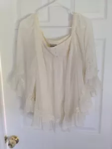 Silk & Lace Floral Blouse Cream Neutral Boho Artsy Drape Muted Whimsical Breezy - Picture 1 of 11