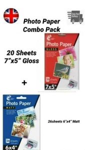 26 hojas mate 6"" x 4"" 20 hojas brillo 7"" x 5"" impresora fotográfica papel fotográfico - Imagen 1 de 10