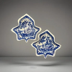 Pair Antique Caughley Pickle Dishes, Fisherman Pattern - Picture 1 of 8