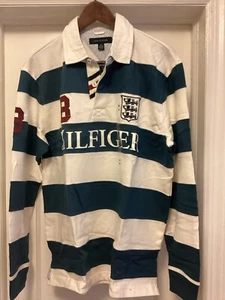 Tommy Hilfiger Rugby Polo Shirt Medium Long Sleeve White Blue Striped NEW - Picture 1 of 8