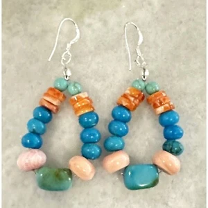 Navajo Genuine Spiny Oyster, Turquoise & Pink Conch Earrings Beaded - Gift Box - Picture 1 of 4