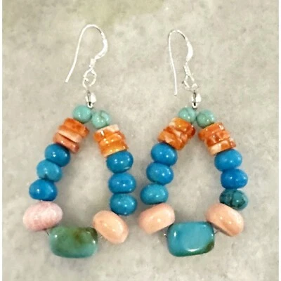 Navajo Genuine Spiny Oyster, Turquoise & Pink Conch Earrings  Beaded - Gift Box - Image 1 of 4