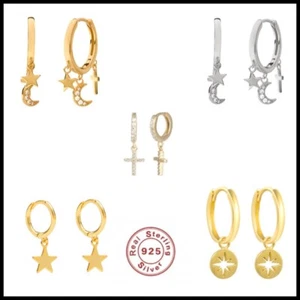 PENDIENTES MUJER NIÑA UNISEX PLATA 925 ARO ESTRELLA CRUZ LUNA PIERCING 2 PIEZAS - Imagen 1 de 12