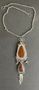 Peruvian Mahogany Obsidian Semi-precious Stone Medallion Necklace Alpaca Silver - Picture 1 of 10